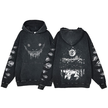 American retro washed hoodie for men and women, hip-hop sword style legendary dark print hoodie, vintage hoodie
