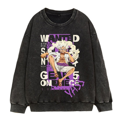 Washed retro distressed hoodie in Japanese Manica form, fifth grade Luffy Gear 5 anime print round neck top