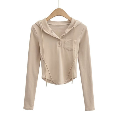 Fashion Women's New Solid Color Curved Tight Coat Hoodie Drawstring Pocket Hoodie