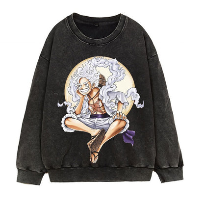 Washed retro distressed hoodie in Japanese Manica form, fifth grade Luffy Gear 5 anime print round neck top