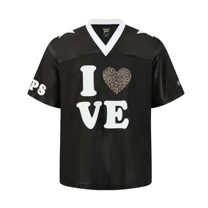 Heart-shaped Color-blocked Leopard Print Mesh Short-sleeved T-shirt Men's Summer Sports Loose V-neck Jersey Breathable Quick-dry Design Sense
