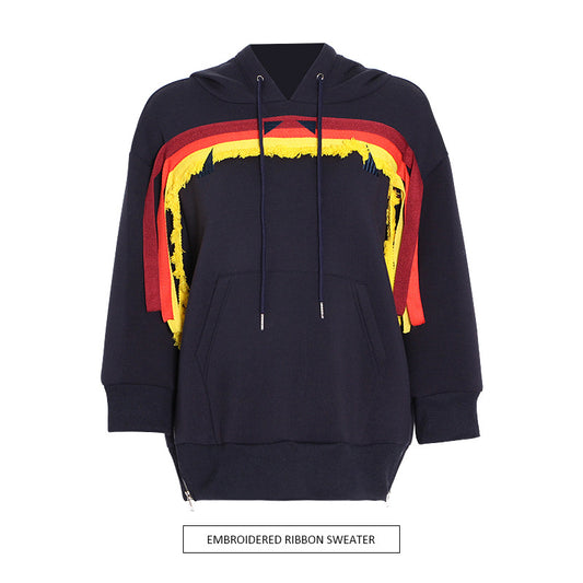 Design inspired hoodie with color blocking embroidery hooded cover and lace up top for women