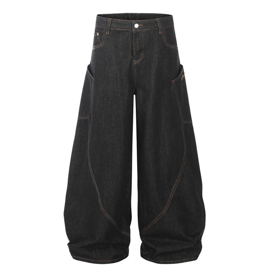 Loose Wide-Leg Denim Trousers Men's Hip-Hop Trendy Design Deconstructed Patchwork Topstitching Cargo Long Pants