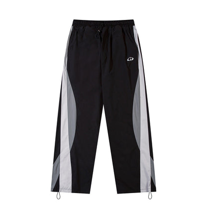 Functional Color Block Spliced Sports Casual Trousers Men's High Street Trend Design Elastic Waist Drawstring Loose Straight Pants