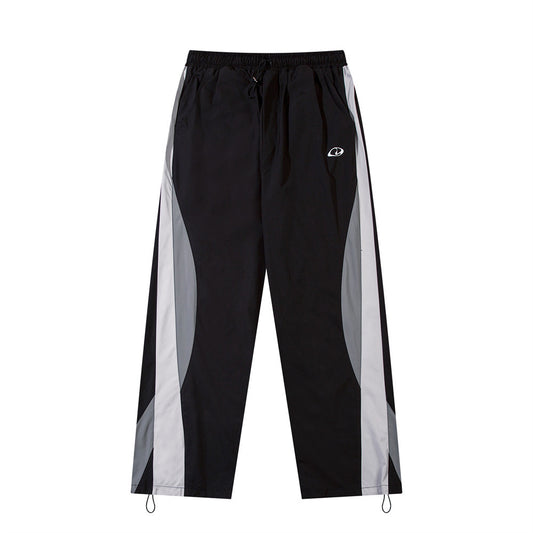 Functional Color Block Spliced Sports Casual Trousers Men's High Street Trend Design Elastic Waist Drawstring Loose Straight Pants