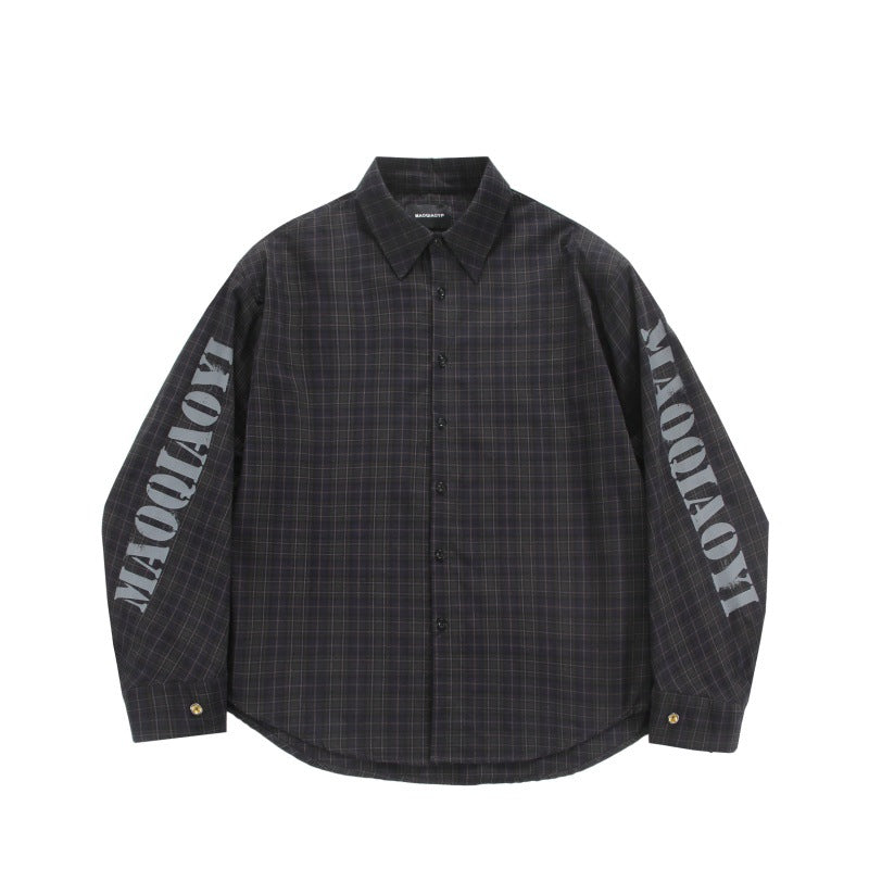 Silhouette plaid long sleeved men's and women's letter printed shirt
