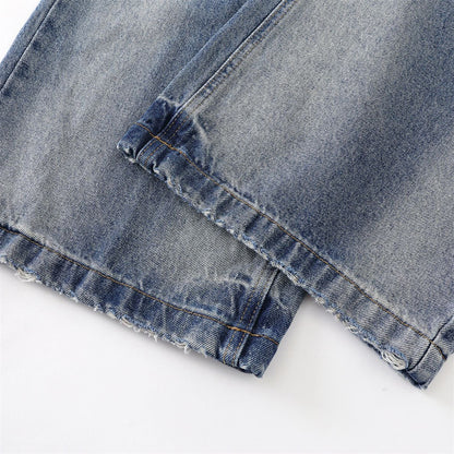 Washed Faded Denim Long Pants Clean Fit Punk Loose Wide Leg Dad Trousers Men's Distressed Ripped Straight Leg Jeans