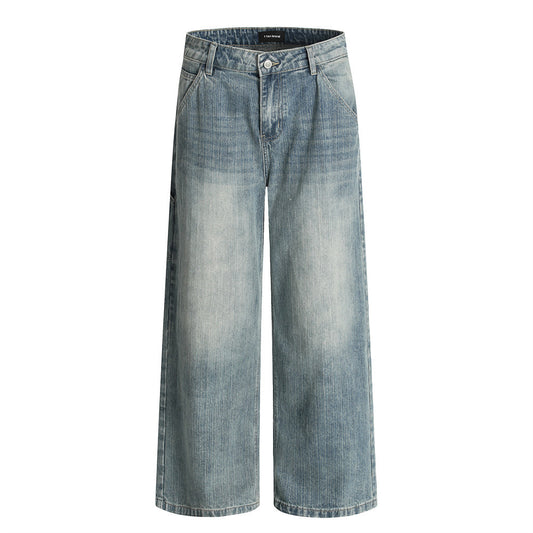 Vintage Washed Denim Loose Wide-Leg Long Pants Retro American Street Style Casual Men's Versatile Straight-Leg Dad Trousers