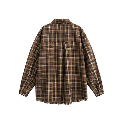 Loose Heavy duty plaid tassel men's and women's long sleeved shirt