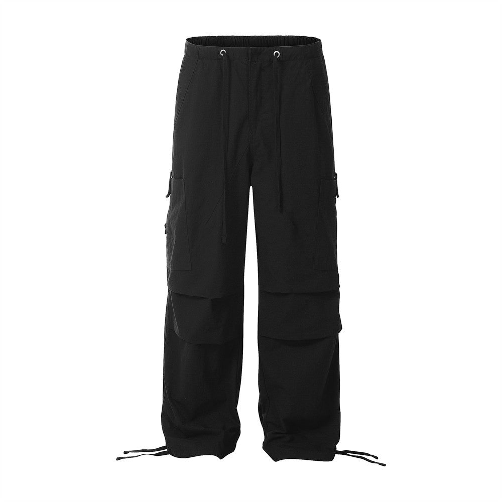 Trendy Solid Color Pleated Paratrooper Casual Straight Leg Long Pants Men's Work Pants American Style Sport Loose Drawstring Cuffed Trousers