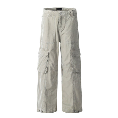 High Street Wide-Leg Work Pants Men's Vibe Trendy Pleated Multi-Pocket Design Solid Color Loose Straight Leg Long Pants