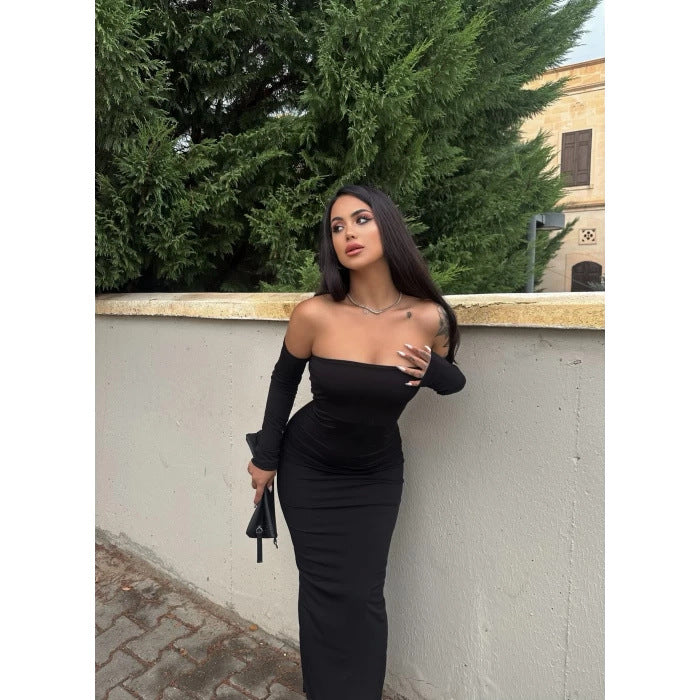 Sexy strapless sleeveless slim slit off off shoulder dress with an open shoulder style