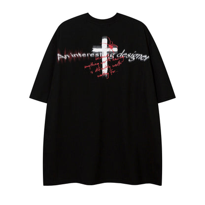 Dark Street Cross Loose Short Sleeve Necklace T-Shirt Men's Summer Metal Chain Decorated Personality Tee Trendy