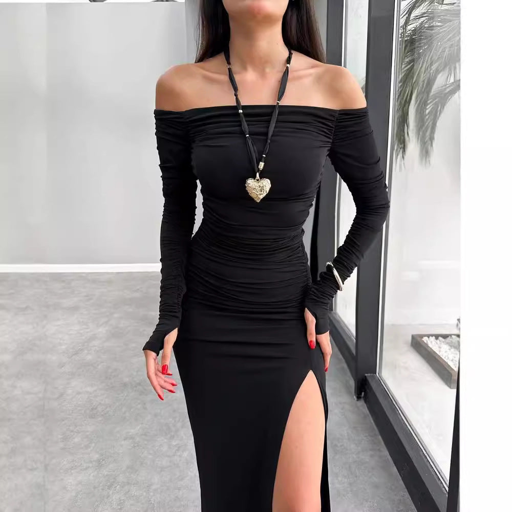 One line neck backless pleated long sleeved dress with hip opening