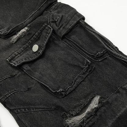 Functional Multi-Pocket Workwear Jeans Men's Trendy Punk Washed Distressed Unique Loose Straight Wide-Leg Long Pants