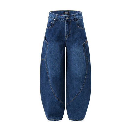 Large Pocket Slouchy Denim Trousers Men's American Street Style Design Loose Wide Leg Pants Embroidered Floor-Length Long Pants