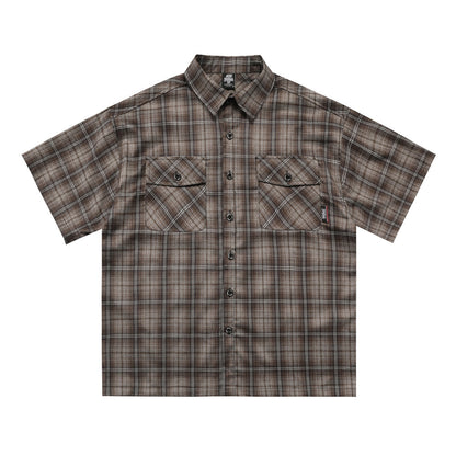 Gothic Letter Embroidery Plaid Short Sleeve Shirt Men's Vintage Street Fashion Workwear Checkered Collar Loose Fit