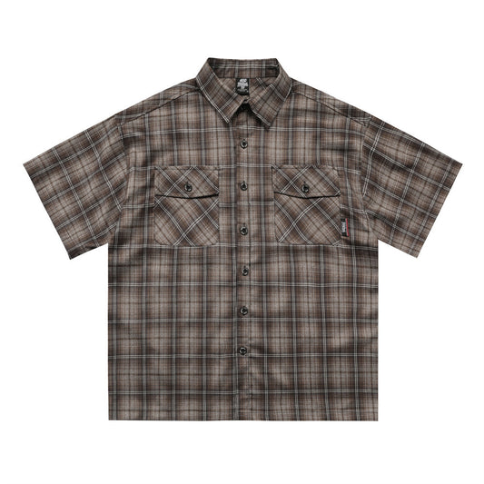Gothic Letter Embroidery Plaid Short Sleeve Shirt Men's Vintage Street Fashion Workwear Checkered Collar Loose Fit