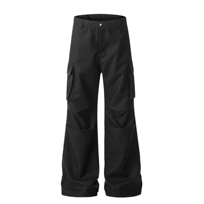 Loose Workwear Wide-Leg Flare Trousers Men's Unique Design Pleated Paratrooper Casual Long Pants Vibe Trend Micro Flare Pants
