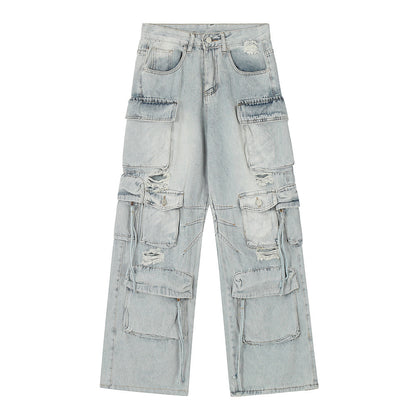 Functional Multi-Pocket Workwear Jeans Men's Trendy Punk Washed Distressed Unique Loose Straight Wide-Leg Long Pants