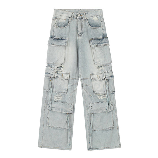 Functional Multi-Pocket Workwear Jeans Men's Trendy Punk Washed Distressed Unique Loose Straight Wide-Leg Long Pants