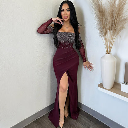 Solid Color Long Dress with High Slit and Rhinestone Embellished Strapless Design for Women
