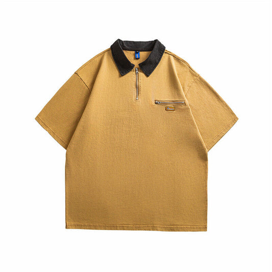 Splicing loose half zipper short sleeved polo shirt for men and women