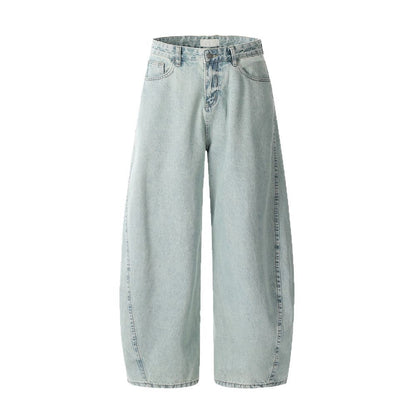 Heavy Washed Slashed Denim Pants American Retro Loose Wide-Leg Long Pants Men's Light Color Distressed Banana Pants