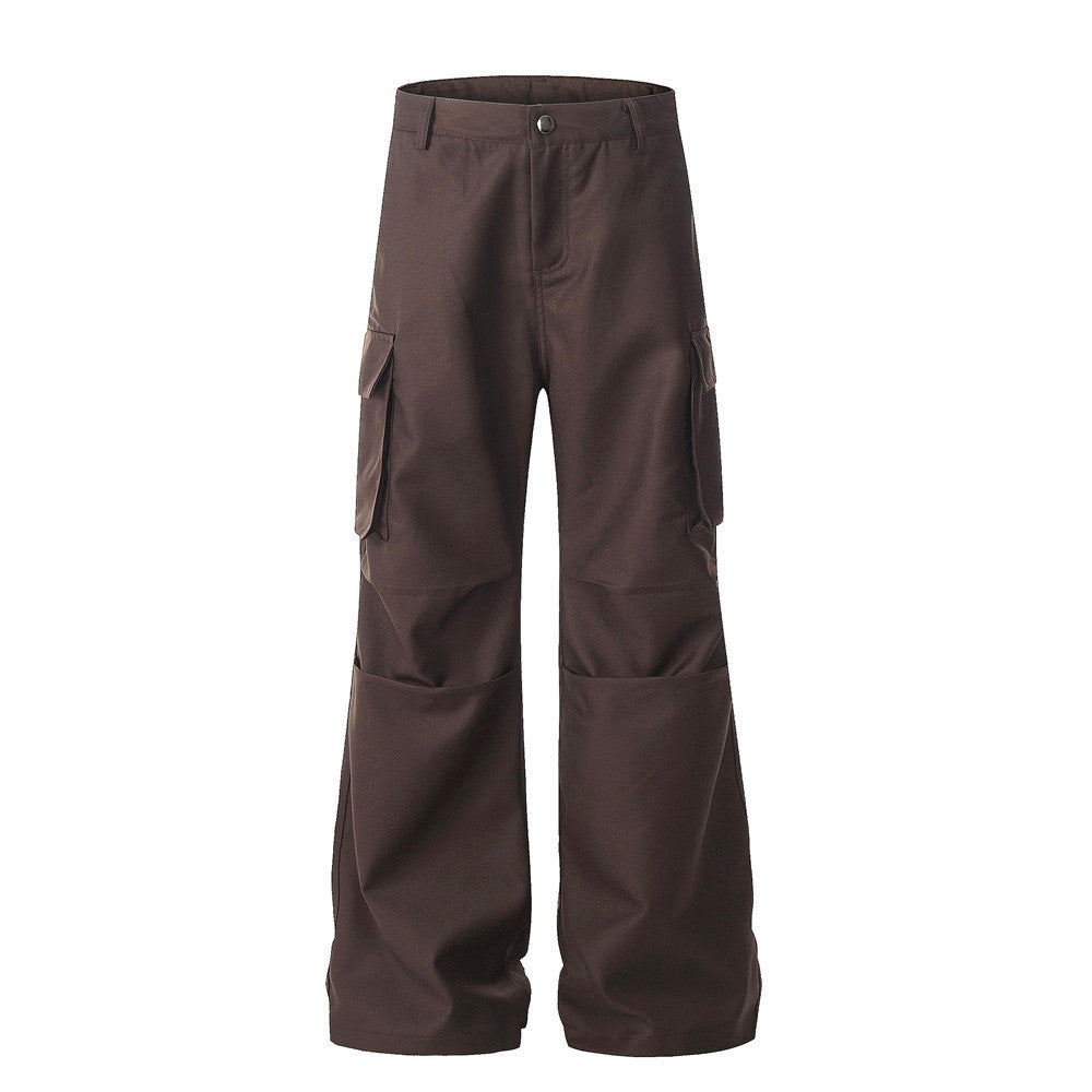 Loose Workwear Wide-Leg Flare Trousers Men's Unique Design Pleated Paratrooper Casual Long Pants Vibe Trend Micro Flare Pants