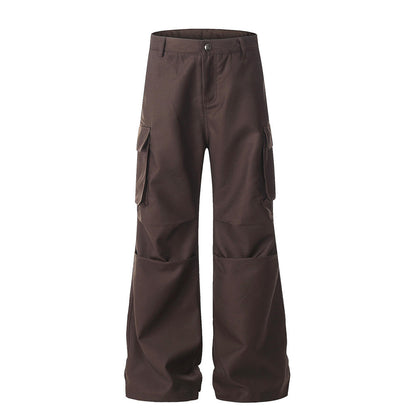 Loose Workwear Wide-Leg Flare Trousers Men's Unique Design Pleated Paratrooper Casual Long Pants Vibe Trend Micro Flare Pants