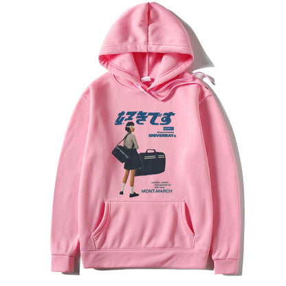 Japanese character printed casual hoodie for men and women, loose couple hooded hoodie