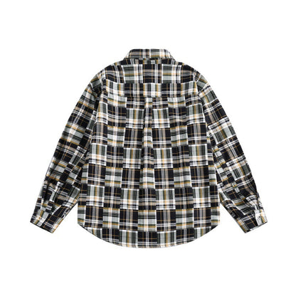 Color blocked checkered long sleeved loose casual shirt