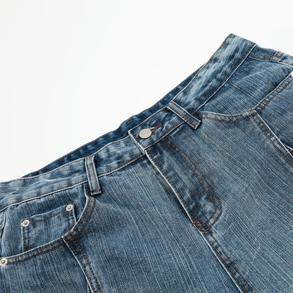 Riveted Deconstructed Denim Short Men's Loose American Street Style Washed Straight Leg Five-Quarter Pants
