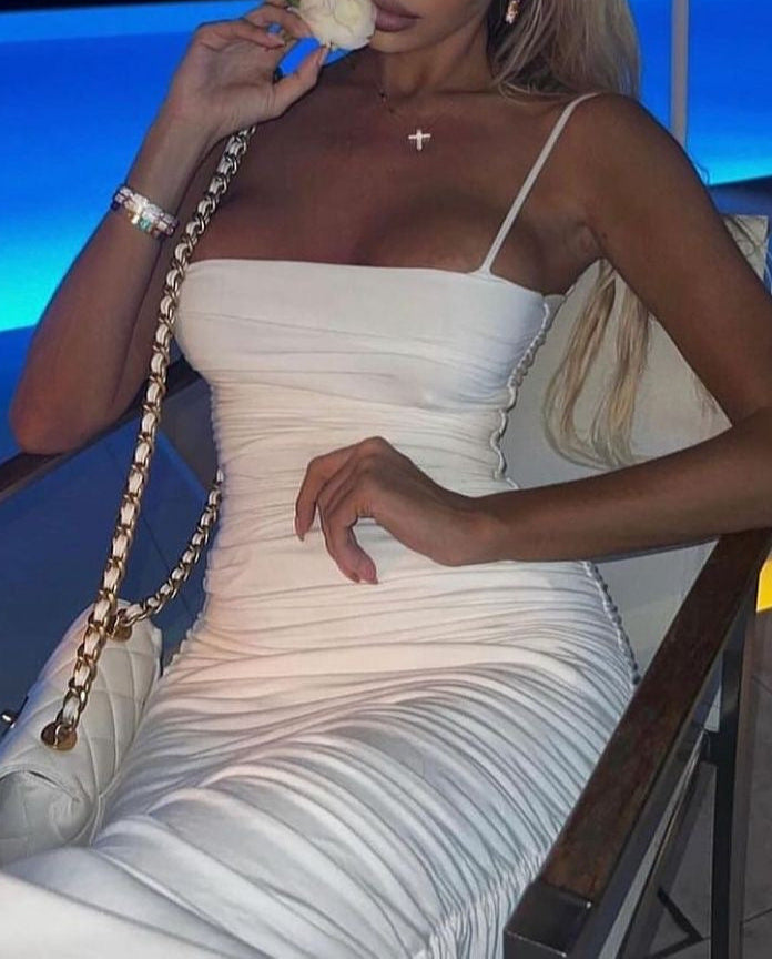 Popular pleated slim fit sexy suspender waist hugging long skirt dress