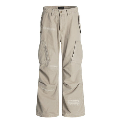 High Street Design Multi-Pocket Workwear Long Pants Men's Vibe Trendy Ripped Patch Pleated Loose Wide-Leg Pants