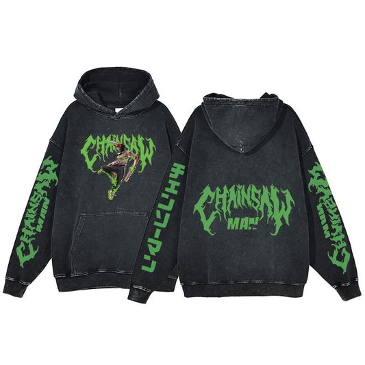 American retro washed hoodie for men and women, hip-hop chain sawman anime, dark hoodie, distressed hoodie