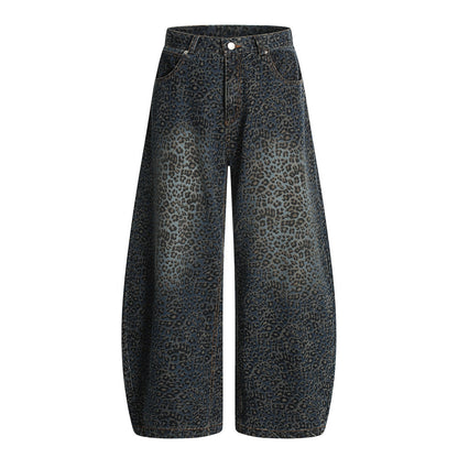 Retro Leopard Print Knife-Edge Jeans Men's High Street Vibe Trendy Washed Out Wide Leg Long Pants