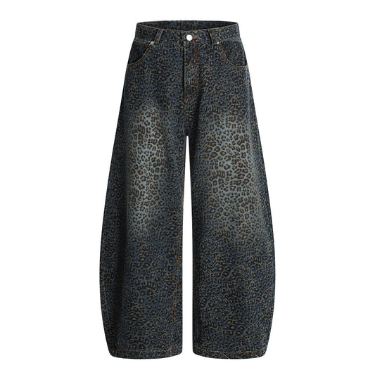 Retro Leopard Print Knife-Edge Jeans Men's High Street Vibe Trendy Washed Out Wide Leg Long Pants