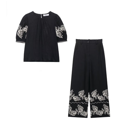 Summer New  Style Women's Fashion Casual Short Sleeve Embroidered Top Wide Leg Pants