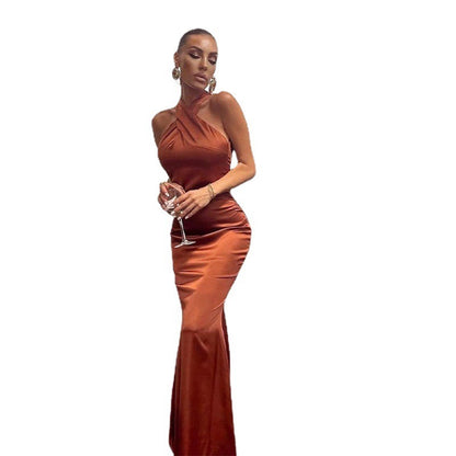 Solid color slim fit sleeveless backless dress for women