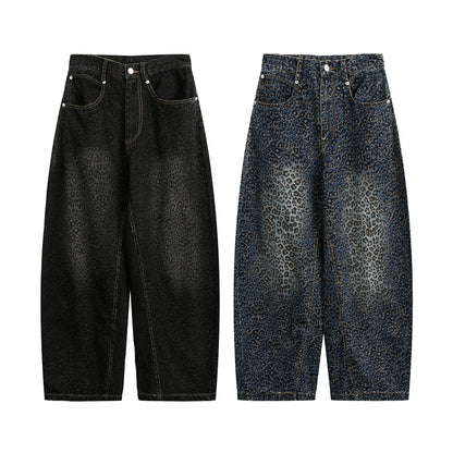 Retro Leopard Print Knife-Edge Jeans Men's High Street Vibe Trendy Washed Out Wide Leg Long Pants