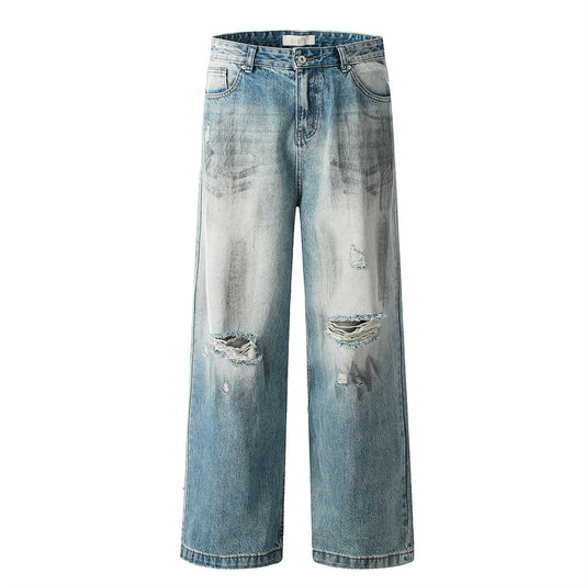 Color Block Faded Wash Distressed Denim Pants with Double Pocket Design Trendy Punk Vintage Straight Leg Long Trousers for Men