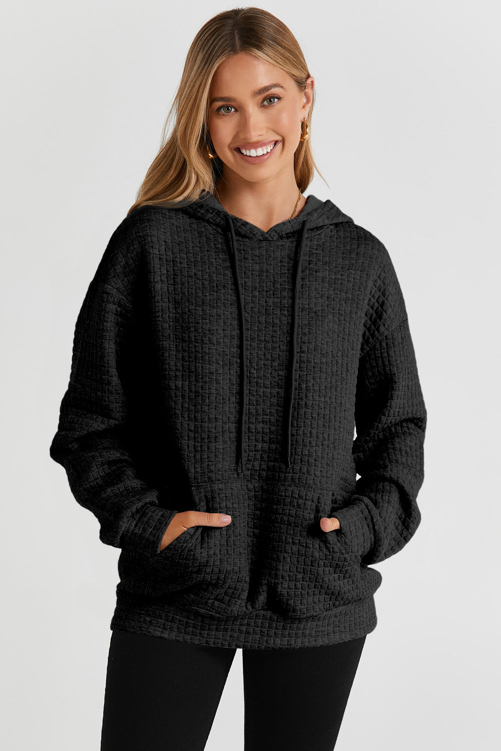 Fiery Red Quilted Kangaroo Pocket Drawstring Hoodie