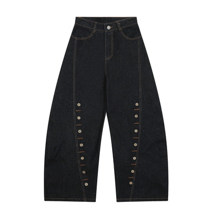 Multi-Button Decorative Slant Knife Denim Pants Men's High Street Loose Design Topstitching Wide Leg Long Trousers