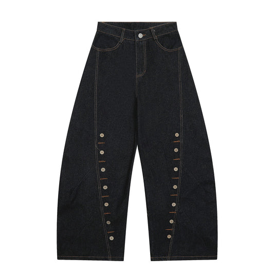 Multi-Button Decorative Slant Knife Denim Pants Men's High Street Loose Design Topstitching Wide Leg Long Trousers