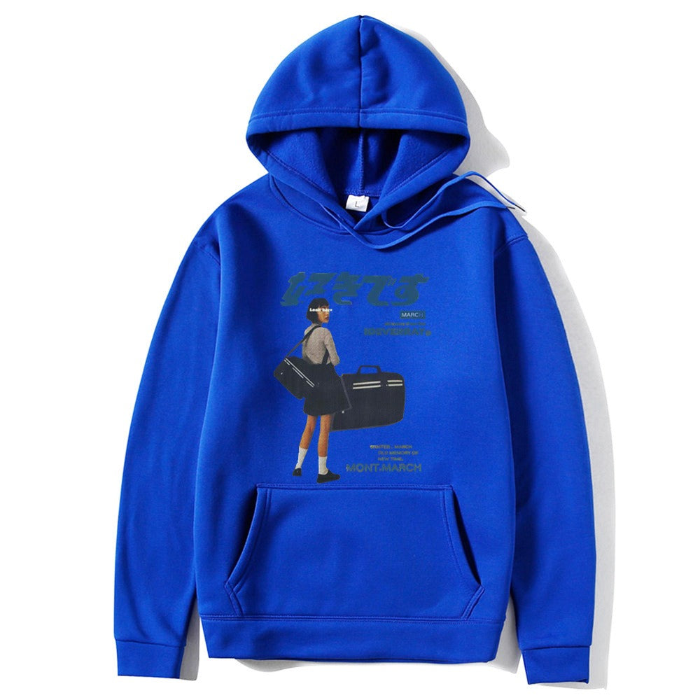 Japanese character printed casual hoodie for men and women, loose couple hooded hoodie