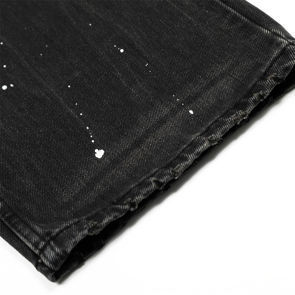 Vintage Washed Distressed Loose Fit Denim Trousers with Ripple Splash Ink Design Wide Leg Straight Pants for Men