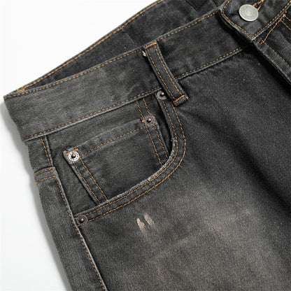 Punk Faded Washed Denim Shorts Men's Straight Leg Summer Ink Splatter Wide-Leg Five-Point Pants Trendy
