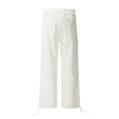 Trendy Solid Color Pleated Paratrooper Casual Straight Leg Long Pants Men's Work Pants American Style Sport Loose Drawstring Cuffed Trousers