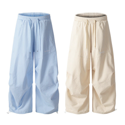 Vertical Striped Casual Long Pants Men's Sporty Loose Cargo Trousers Pleated Design Wide-Leg Pants Trendy
